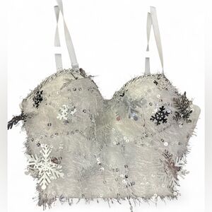 Fuzzy Silver Sequin Snowflake Holiday Crop Top Corset Adjustable Women's Size L